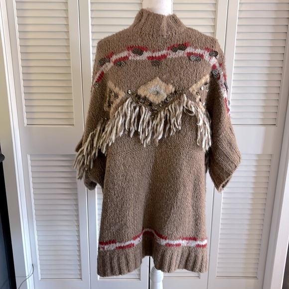 Free People Dark Crystal Wool Alpaca Fringe Oversized Poncho Sweater Size Small - Picture 4 of 13